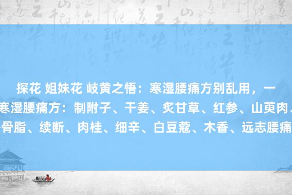 探花 姐妹花 岐黄之悟：寒湿腰痛方别乱用，一般用我腰痛方药膳即可寒湿腰痛方：制附子、干姜、炙甘草、红参、山萸肉、杜仲、巴戟、补骨脂、续断、肉桂、细辛、白豆蔻、木香、远志腰痛方药膳：党参、白术、淫羊藿、黑豆、巴...